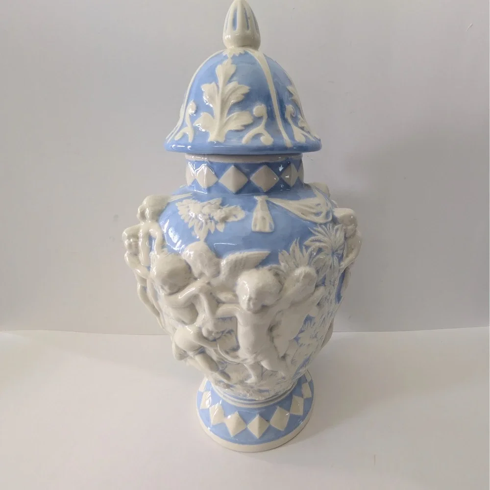 Blue and White Ceramic Cherub Ginger Jar Ornate Relief Urn w Lid 15i